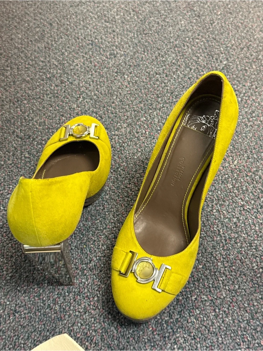 Versace Collection Yellow Suede Heels with Silver Medallion